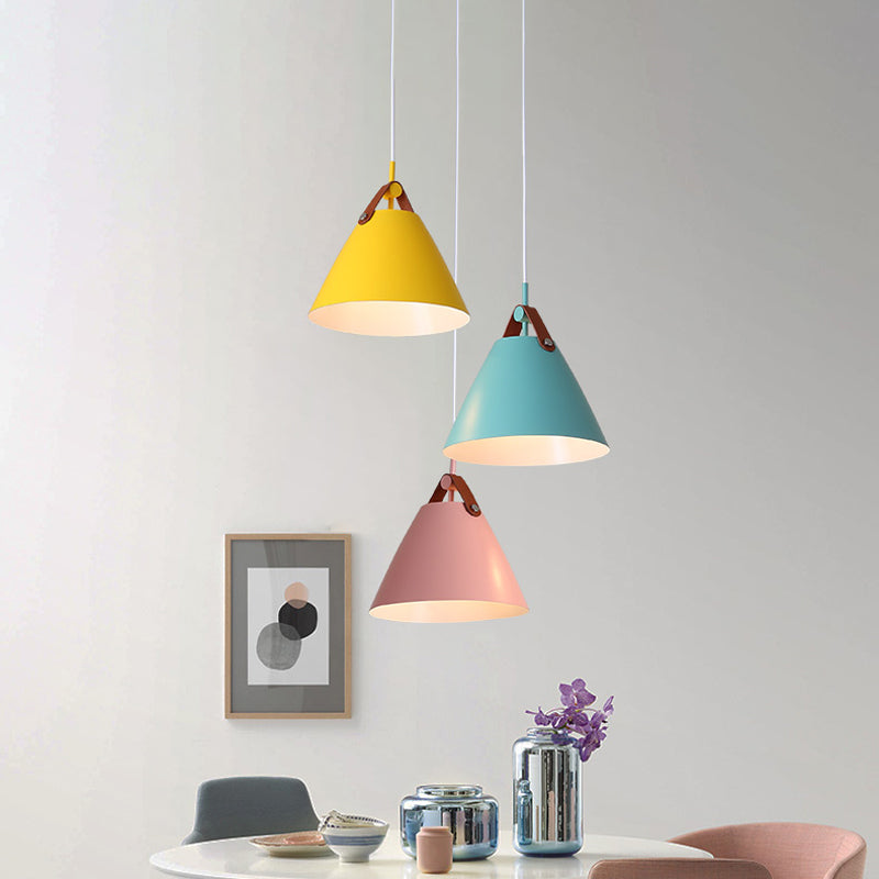 Frustum Shaped Metal Hanging Light Macaron 3 Bulbs Blue-Pink-Yellow/Black-Grey-White Pendant Lamp in Warm/White Light, Round/Linear Canopy Clearhalo 'Ceiling Lights' 'Pendant Lights' 'Pendants' Lighting' 1911324