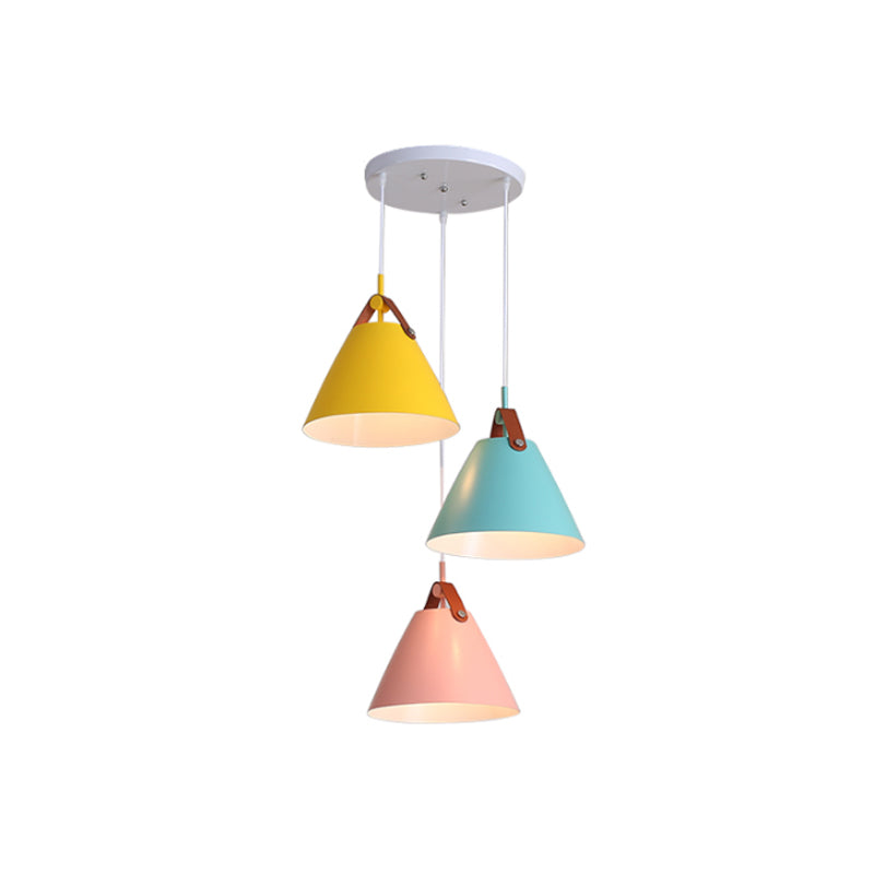 Frustum Shaped Metal Hanging Light Macaron 3 Bulbs Blue-Pink-Yellow/Black-Grey-White Pendant Lamp in Warm/White Light, Round/Linear Canopy Clearhalo 'Ceiling Lights' 'Pendant Lights' 'Pendants' Lighting' 1911325