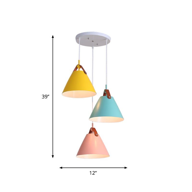 Frustum Shaped Metal Hanging Light Macaron 3 Bulbs Blue-Pink-Yellow/Black-Grey-White Pendant Lamp in Warm/White Light, Round/Linear Canopy Clearhalo 'Ceiling Lights' 'Pendant Lights' 'Pendants' Lighting' 1911326