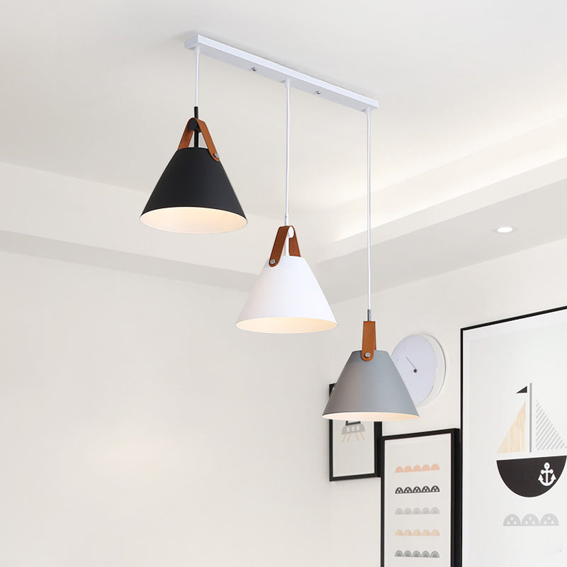 Frustum Shaped Metal Hanging Light Macaron 3 Bulbs Blue-Pink-Yellow/Black-Grey-White Pendant Lamp in Warm/White Light, Round/Linear Canopy Black Gray-White Linear Clearhalo 'Ceiling Lights' 'Pendant Lights' 'Pendants' Lighting' 1911327_e1515cda-e3f7-4d2d-9b22-f9027b2af89f