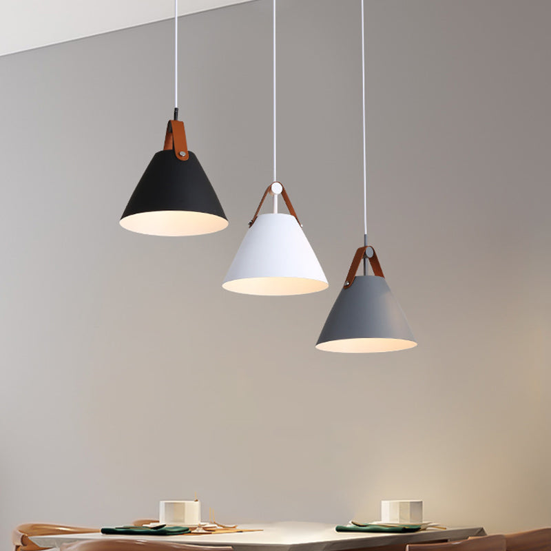 Frustum Shaped Metal Hanging Light Macaron 3 Bulbs Blue-Pink-Yellow/Black-Grey-White Pendant Lamp in Warm/White Light, Round/Linear Canopy Clearhalo 'Ceiling Lights' 'Pendant Lights' 'Pendants' Lighting' 1911328