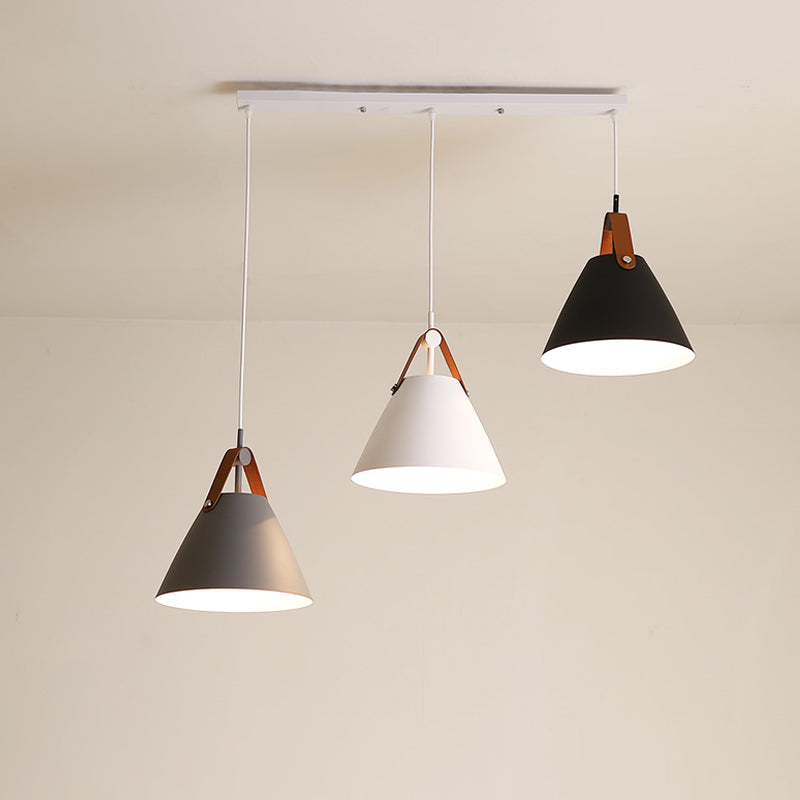 Frustum Shaped Metal Hanging Light Macaron 3 Bulbs Blue-Pink-Yellow/Black-Grey-White Pendant Lamp in Warm/White Light, Round/Linear Canopy Clearhalo 'Ceiling Lights' 'Pendant Lights' 'Pendants' Lighting' 1911329