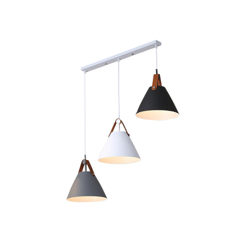 Frustum Shaped Metal Hanging Light Macaron 3 Bulbs Blue-Pink-Yellow/Black-Grey-White Pendant Lamp in Warm/White Light, Round/Linear Canopy Clearhalo 'Ceiling Lights' 'Pendant Lights' 'Pendants' Lighting' 1911330