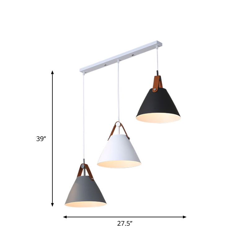 Frustum Shaped Metal Hanging Light Macaron 3 Bulbs Blue-Pink-Yellow/Black-Grey-White Pendant Lamp in Warm/White Light, Round/Linear Canopy Clearhalo 'Ceiling Lights' 'Pendant Lights' 'Pendants' Lighting' 1911331