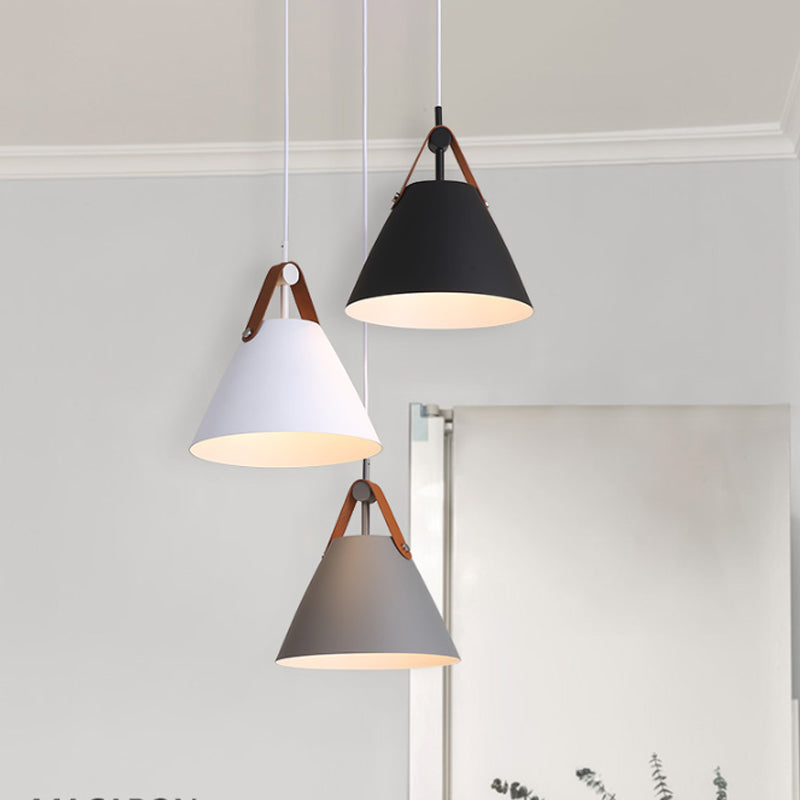 Frustum Shaped Metal Hanging Light Macaron 3 Bulbs Blue-Pink-Yellow/Black-Grey-White Pendant Lamp in Warm/White Light, Round/Linear Canopy Black Gray-White Round Clearhalo 'Ceiling Lights' 'Pendant Lights' 'Pendants' Lighting' 1911332_0c292640-f6ce-4520-b801-51eedf3bfc42