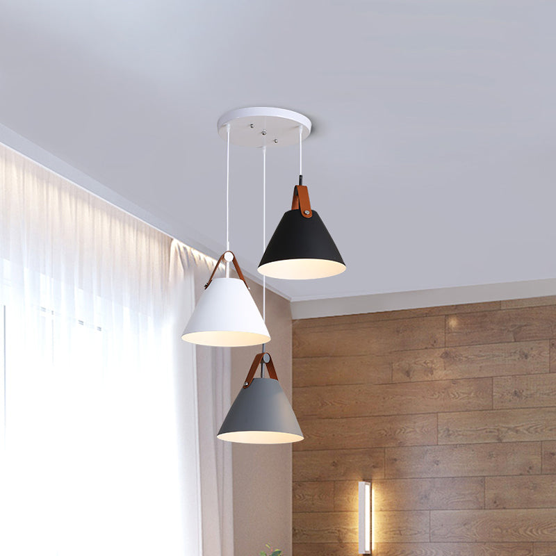 Frustum Shaped Metal Hanging Light Macaron 3 Bulbs Blue-Pink-Yellow/Black-Grey-White Pendant Lamp in Warm/White Light, Round/Linear Canopy Clearhalo 'Ceiling Lights' 'Pendant Lights' 'Pendants' Lighting' 1911333