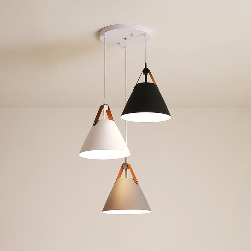 Frustum Shaped Metal Hanging Light Macaron 3 Bulbs Blue-Pink-Yellow/Black-Grey-White Pendant Lamp in Warm/White Light, Round/Linear Canopy Clearhalo 'Ceiling Lights' 'Pendant Lights' 'Pendants' Lighting' 1911334