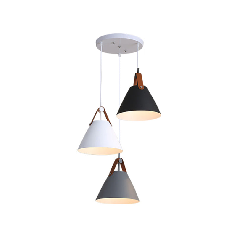 Frustum Shaped Metal Hanging Light Macaron 3 Bulbs Blue-Pink-Yellow/Black-Grey-White Pendant Lamp in Warm/White Light, Round/Linear Canopy Clearhalo 'Ceiling Lights' 'Pendant Lights' 'Pendants' Lighting' 1911335