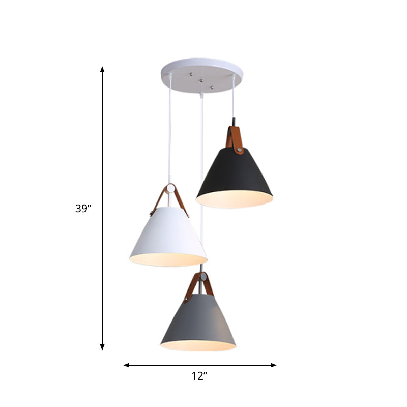 Frustum Shaped Metal Hanging Light Macaron 3 Bulbs Blue-Pink-Yellow/Black-Grey-White Pendant Lamp in Warm/White Light, Round/Linear Canopy Clearhalo 'Ceiling Lights' 'Pendant Lights' 'Pendants' Lighting' 1911336