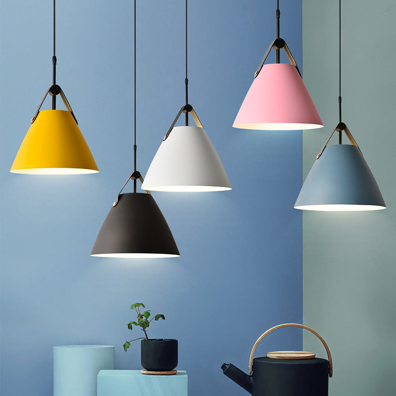 Truncated Cone Snack Bar Hanging Light Kit Aluminum 1-Head Macaron Pendant Light Fixture in Pink/Blue/Yellow with Leather Strap Clearhalo 'Ceiling Lights' 'Pendant Lights' 'Pendants' Lighting' 1911337