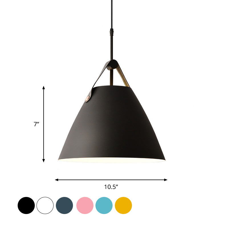 Truncated Cone Snack Bar Hanging Light Kit Aluminum 1-Head Macaron Pendant Light Fixture in Pink/Blue/Yellow with Leather Strap Clearhalo 'Ceiling Lights' 'Pendant Lights' 'Pendants' Lighting' 1911340