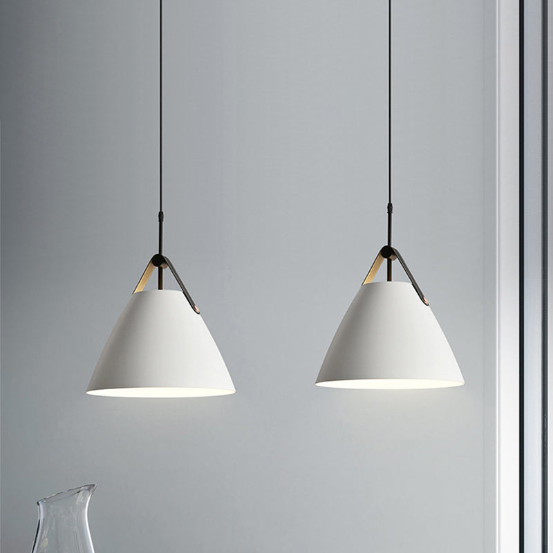 Truncated Cone Snack Bar Hanging Light Kit Aluminum 1-Head Macaron Pendant Light Fixture in Pink/Blue/Yellow with Leather Strap Clearhalo 'Ceiling Lights' 'Pendant Lights' 'Pendants' Lighting' 1911341