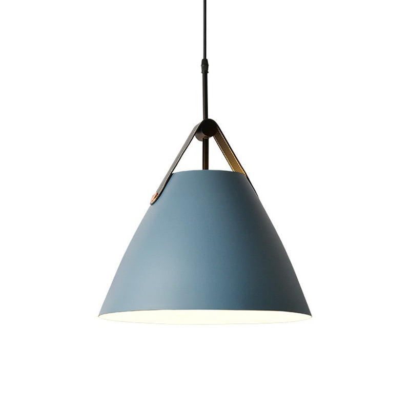 Truncated Cone Snack Bar Hanging Light Kit Aluminum 1-Head Macaron Pendant Light Fixture in Pink/Blue/Yellow with Leather Strap Clearhalo 'Ceiling Lights' 'Pendant Lights' 'Pendants' Lighting' 1911345