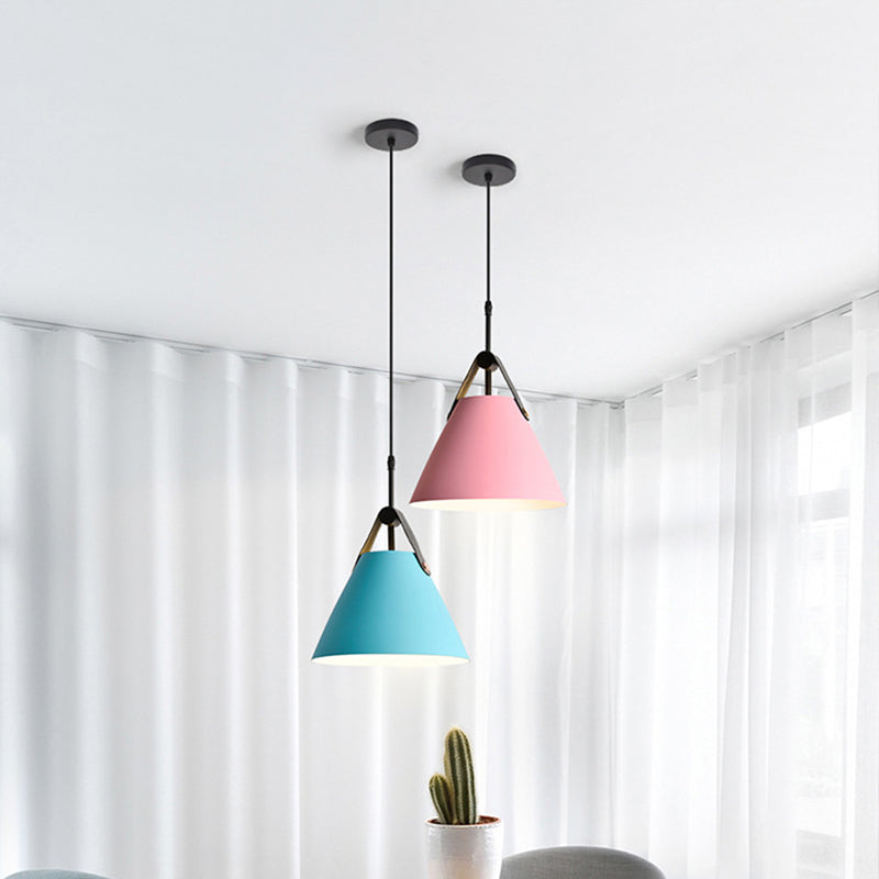 Truncated Cone Snack Bar Hanging Light Kit Aluminum 1-Head Macaron Pendant Light Fixture in Pink/Blue/Yellow with Leather Strap Clearhalo 'Ceiling Lights' 'Pendant Lights' 'Pendants' Lighting' 1911346