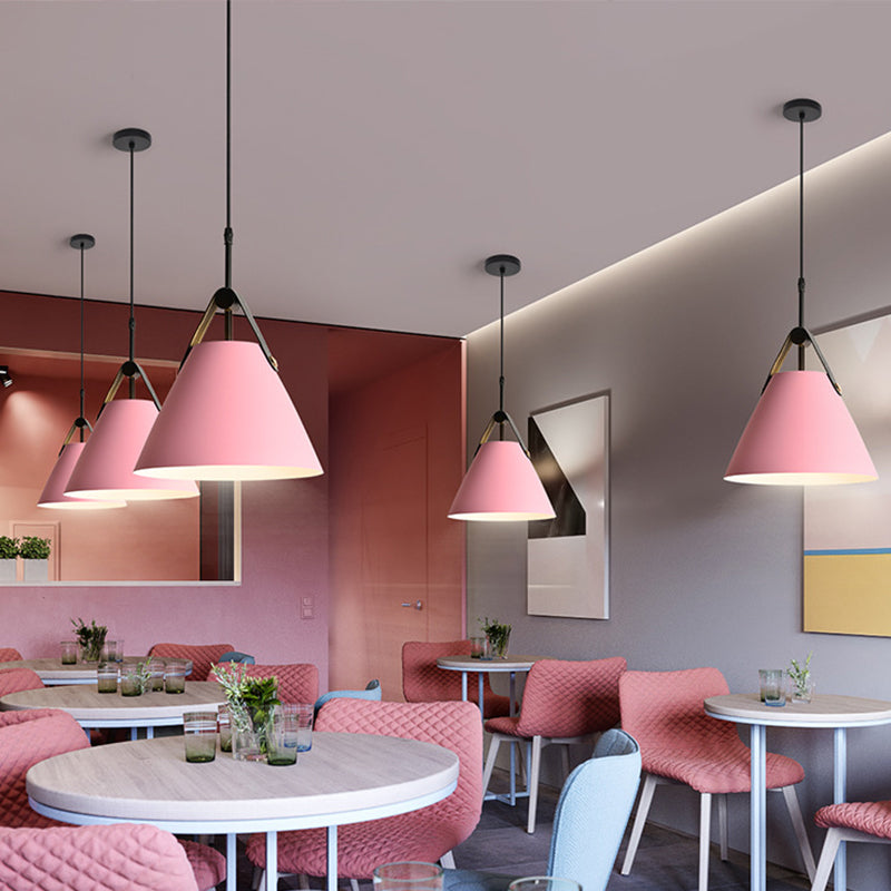 Truncated Cone Snack Bar Hanging Light Kit Aluminum 1-Head Macaron Pendant Light Fixture in Pink/Blue/Yellow with Leather Strap Clearhalo 'Ceiling Lights' 'Pendant Lights' 'Pendants' Lighting' 1911347