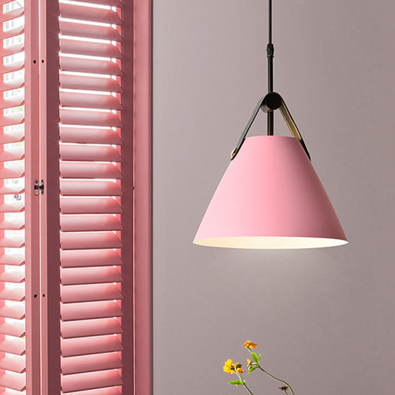 Truncated Cone Snack Bar Hanging Light Kit Aluminum 1-Head Macaron Pendant Light Fixture in Pink/Blue/Yellow with Leather Strap Clearhalo 'Ceiling Lights' 'Pendant Lights' 'Pendants' Lighting' 1911348