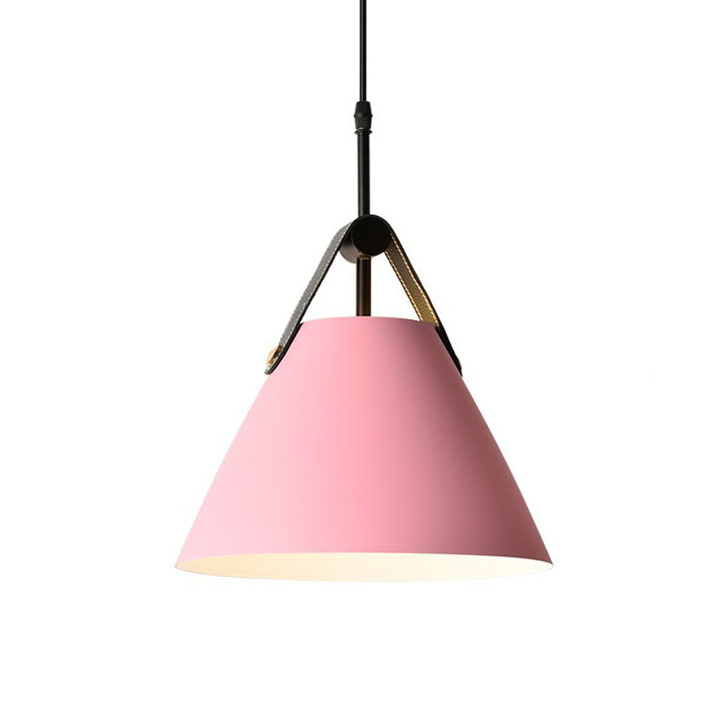 Truncated Cone Snack Bar Hanging Light Kit Aluminum 1-Head Macaron Pendant Light Fixture in Pink/Blue/Yellow with Leather Strap Clearhalo 'Ceiling Lights' 'Pendant Lights' 'Pendants' Lighting' 1911349