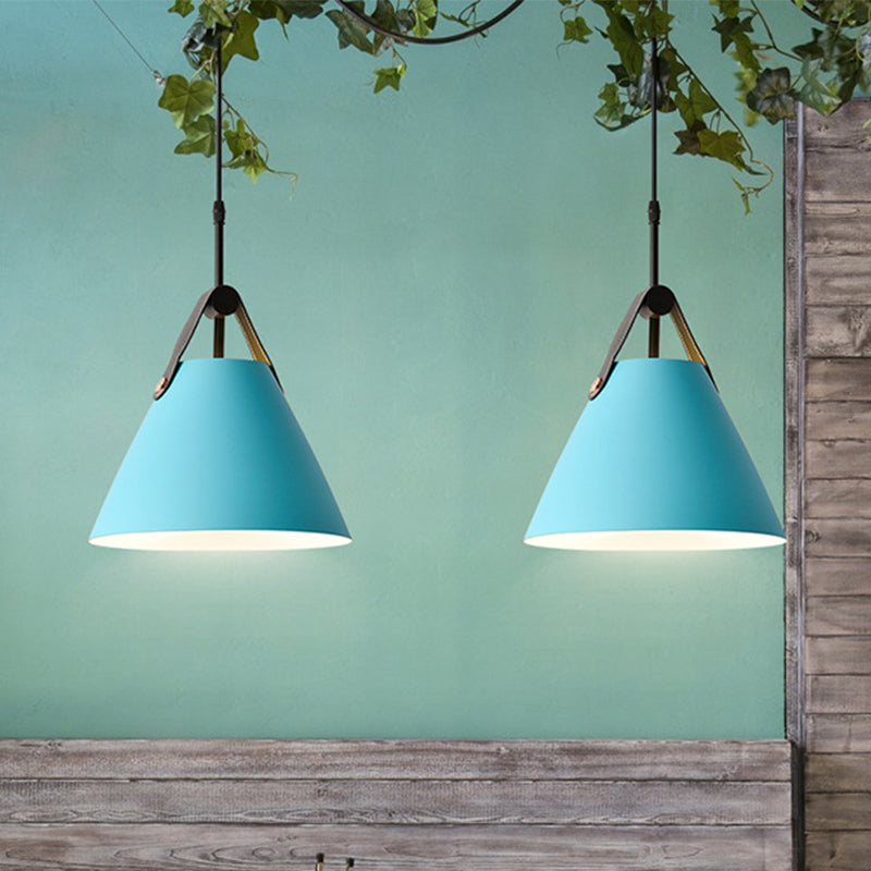 Truncated Cone Snack Bar Hanging Light Kit Aluminum 1-Head Macaron Pendant Light Fixture in Pink/Blue/Yellow with Leather Strap Clearhalo 'Ceiling Lights' 'Pendant Lights' 'Pendants' Lighting' 1911350