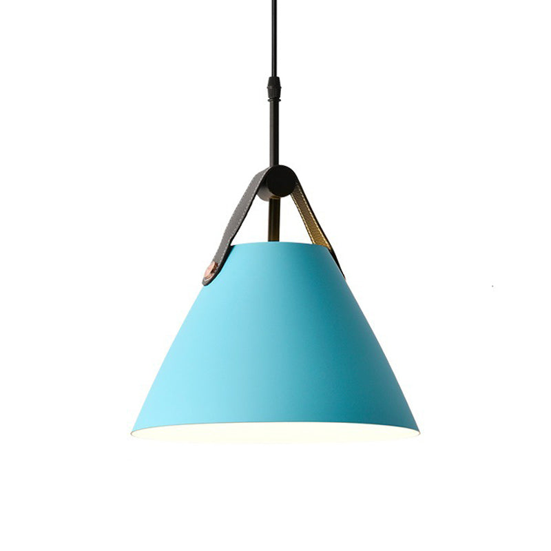 Truncated Cone Snack Bar Hanging Light Kit Aluminum 1-Head Macaron Pendant Light Fixture in Pink/Blue/Yellow with Leather Strap Clearhalo 'Ceiling Lights' 'Pendant Lights' 'Pendants' Lighting' 1911351