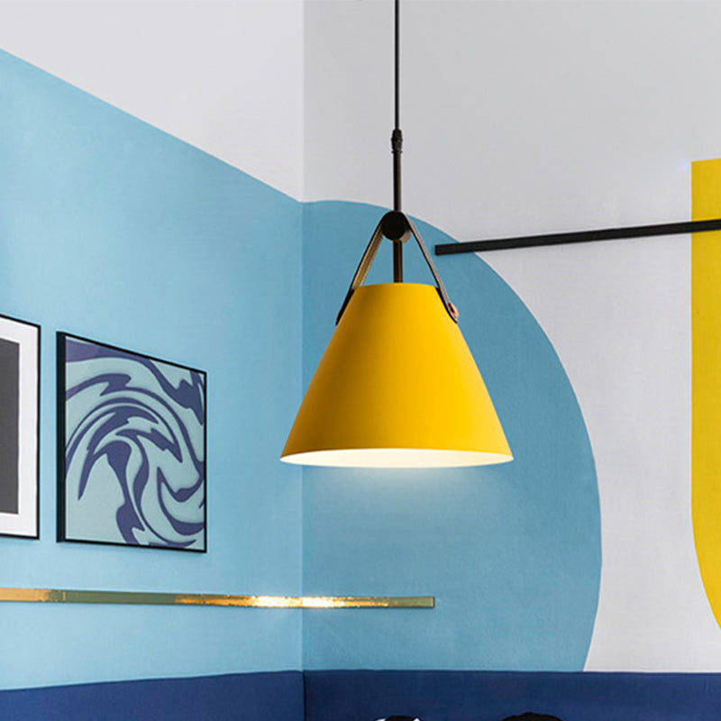 Truncated Cone Snack Bar Hanging Light Kit Aluminum 1-Head Macaron Pendant Light Fixture in Pink/Blue/Yellow with Leather Strap Yellow Clearhalo 'Ceiling Lights' 'Pendant Lights' 'Pendants' Lighting' 1911352_fd0c87d5-2a2a-41d8-97a7-ea69140fa650