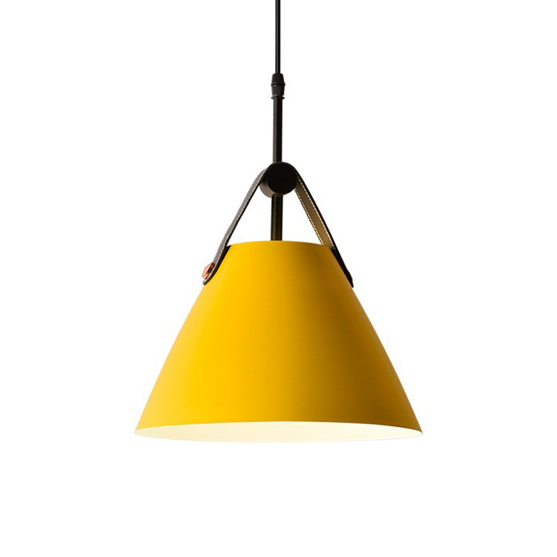 Truncated Cone Snack Bar Hanging Light Kit Aluminum 1-Head Macaron Pendant Light Fixture in Pink/Blue/Yellow with Leather Strap Clearhalo 'Ceiling Lights' 'Pendant Lights' 'Pendants' Lighting' 1911353