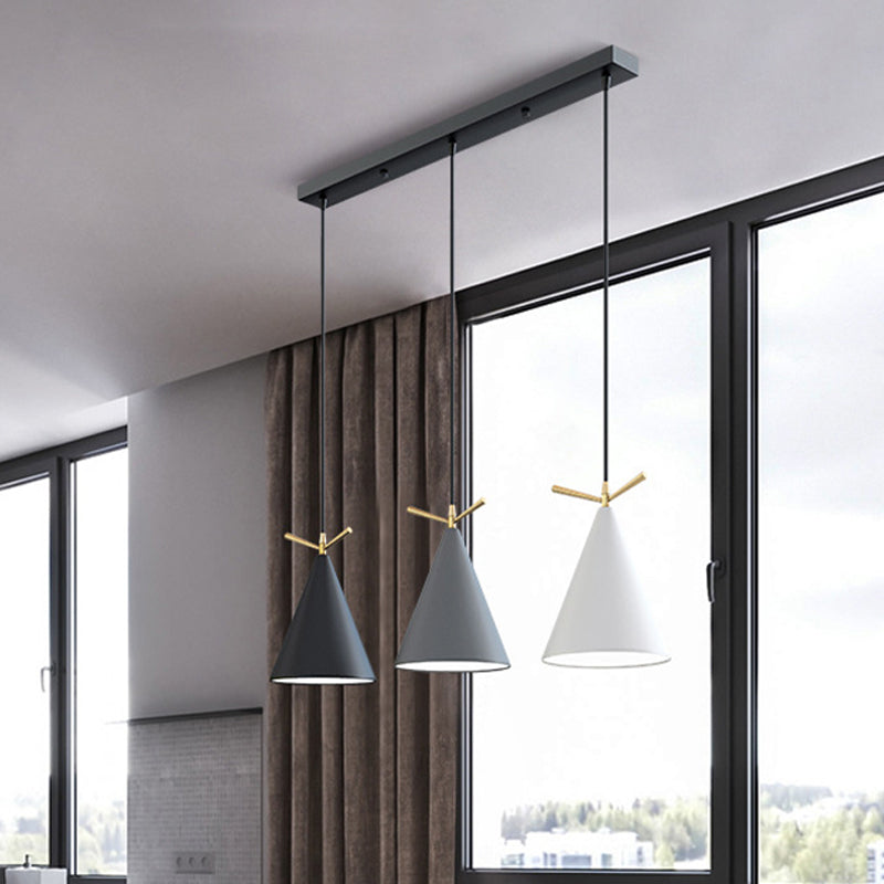 Cone Shade Cluster Pendant Nordic Metallic 3-Light Black/Black-Grey-White/White Hanging Lamp with Antler Decor and Round/Linear Canopy Black Gray-White Linear Clearhalo 'Ceiling Lights' 'Pendant Lights' 'Pendants' Lighting' 1911354_2644ee76-70e7-43e7-a3cd-3cf053627673