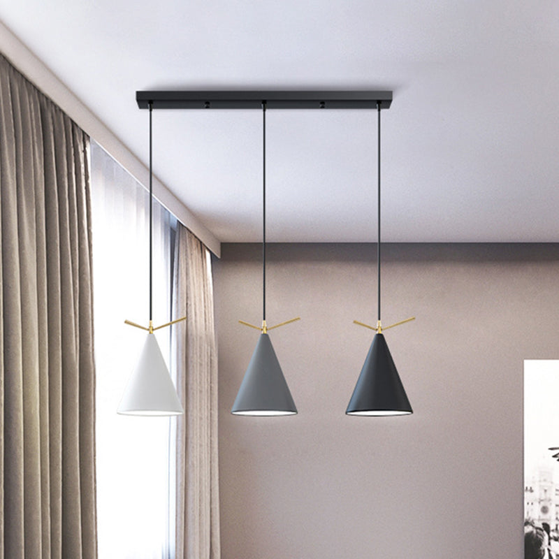 Cone Shade Cluster Pendant Nordic Metallic 3-Light Black/Black-Grey-White/White Hanging Lamp with Antler Decor and Round/Linear Canopy Clearhalo 'Ceiling Lights' 'Pendant Lights' 'Pendants' Lighting' 1911355