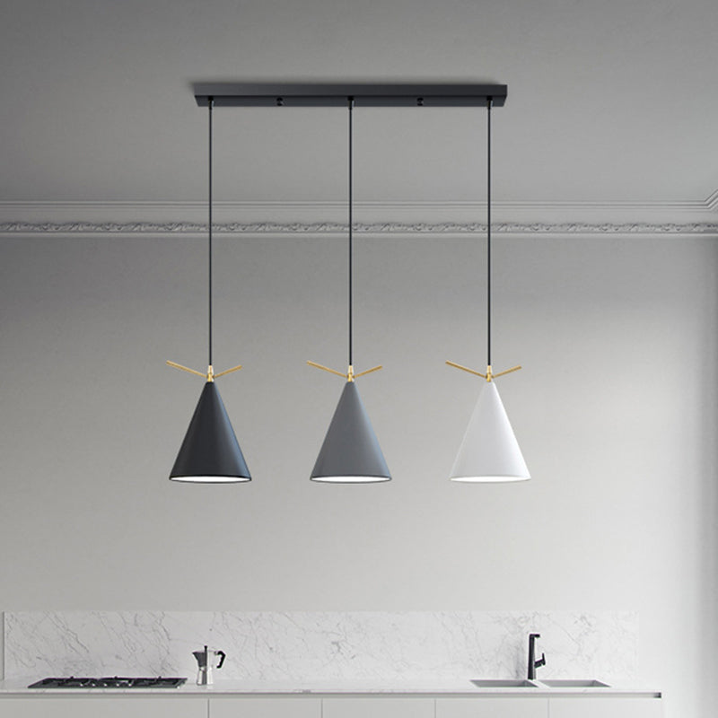 Cone Shade Cluster Pendant Nordic Metallic 3-Light Black/Black-Grey-White/White Hanging Lamp with Antler Decor and Round/Linear Canopy Clearhalo 'Ceiling Lights' 'Pendant Lights' 'Pendants' Lighting' 1911356