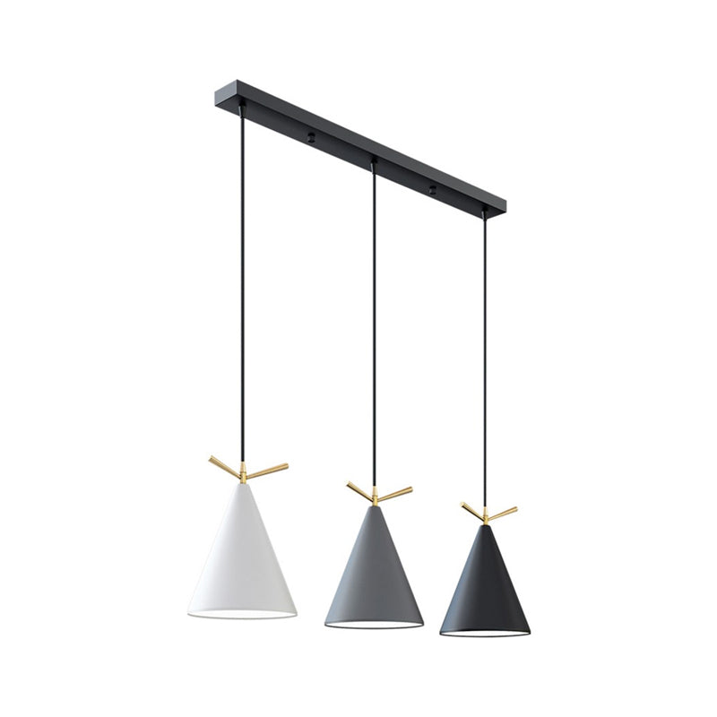 Cone Shade Cluster Pendant Nordic Metallic 3-Light Black/Black-Grey-White/White Hanging Lamp with Antler Decor and Round/Linear Canopy Clearhalo 'Ceiling Lights' 'Pendant Lights' 'Pendants' Lighting' 1911357