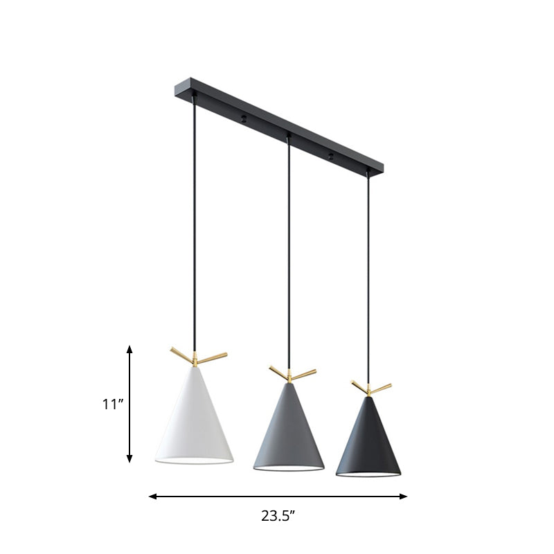 Cone Shade Cluster Pendant Nordic Metallic 3-Light Black/Black-Grey-White/White Hanging Lamp with Antler Decor and Round/Linear Canopy Clearhalo 'Ceiling Lights' 'Pendant Lights' 'Pendants' Lighting' 1911358