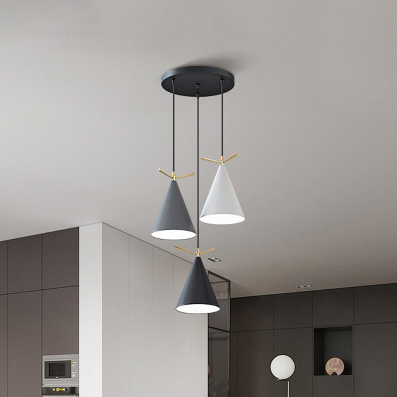 Cone Shade Cluster Pendant Nordic Metallic 3-Light Black/Black-Grey-White/White Hanging Lamp with Antler Decor and Round/Linear Canopy Clearhalo 'Ceiling Lights' 'Pendant Lights' 'Pendants' Lighting' 1911359