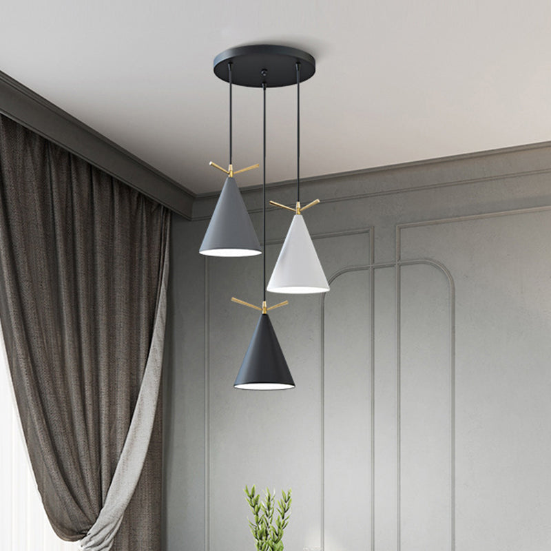 Cone Shade Cluster Pendant Nordic Metallic 3-Light Black/Black-Grey-White/White Hanging Lamp with Antler Decor and Round/Linear Canopy Clearhalo 'Ceiling Lights' 'Pendant Lights' 'Pendants' Lighting' 1911360