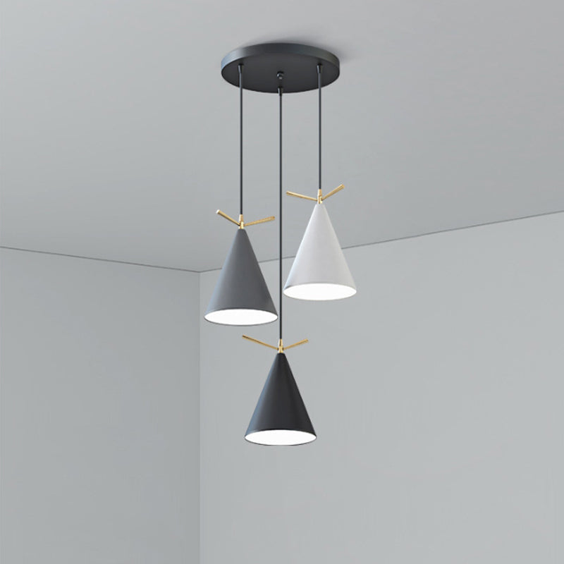 Cone Shade Cluster Pendant Nordic Metallic 3-Light Black/Black-Grey-White/White Hanging Lamp with Antler Decor and Round/Linear Canopy Clearhalo 'Ceiling Lights' 'Pendant Lights' 'Pendants' Lighting' 1911361