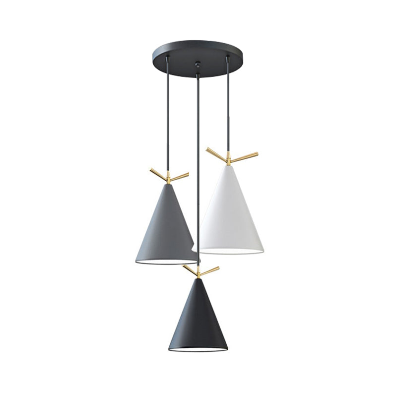 Cone Shade Cluster Pendant Nordic Metallic 3-Light Black/Black-Grey-White/White Hanging Lamp with Antler Decor and Round/Linear Canopy Clearhalo 'Ceiling Lights' 'Pendant Lights' 'Pendants' Lighting' 1911362