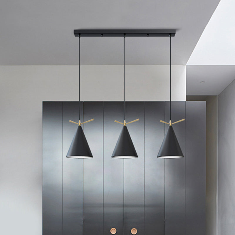 Cone Shade Cluster Pendant Nordic Metallic 3-Light Black/Black-Grey-White/White Hanging Lamp with Antler Decor and Round/Linear Canopy Black Linear Clearhalo 'Ceiling Lights' 'Pendant Lights' 'Pendants' Lighting' 1911364_24f874be-026b-464e-8c8e-f192e840edd1