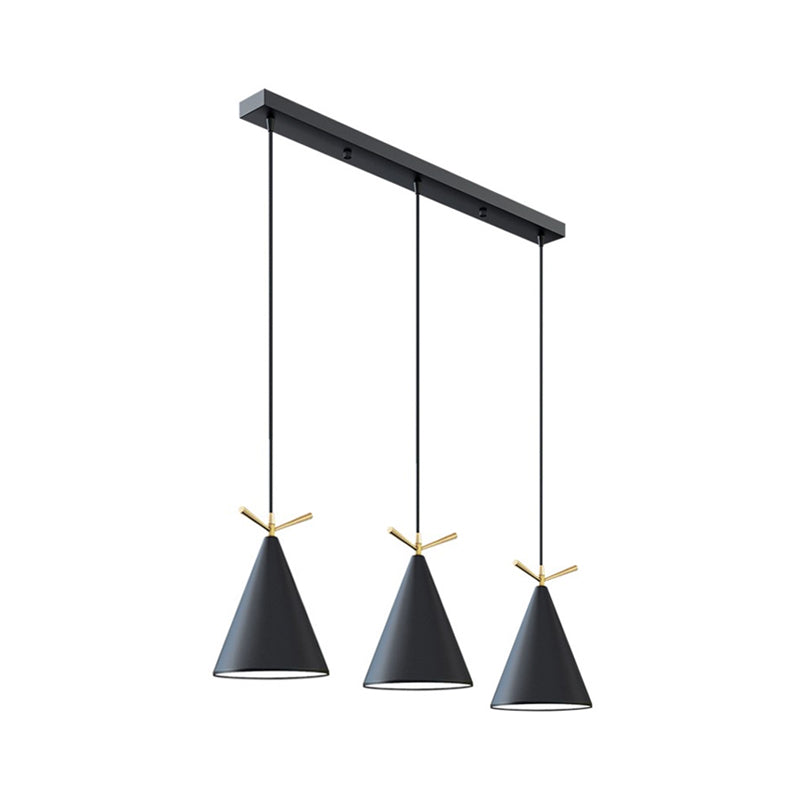 Cone Shade Cluster Pendant Nordic Metallic 3-Light Black/Black-Grey-White/White Hanging Lamp with Antler Decor and Round/Linear Canopy Clearhalo 'Ceiling Lights' 'Pendant Lights' 'Pendants' Lighting' 1911365