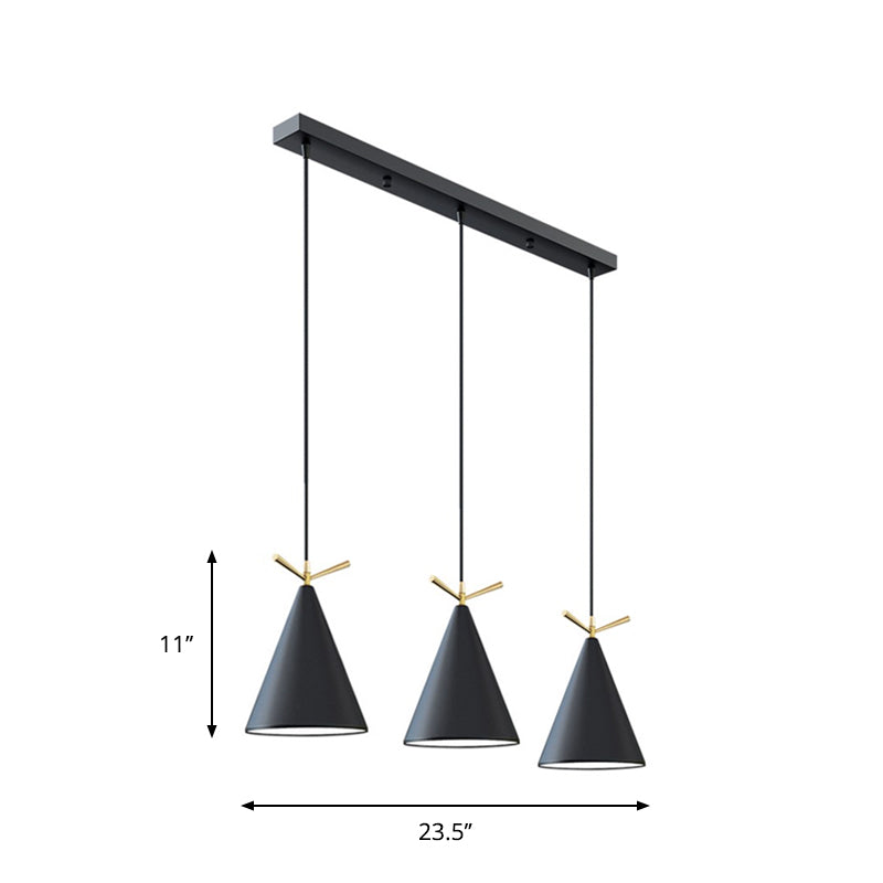 Cone Shade Cluster Pendant Nordic Metallic 3-Light Black/Black-Grey-White/White Hanging Lamp with Antler Decor and Round/Linear Canopy Clearhalo 'Ceiling Lights' 'Pendant Lights' 'Pendants' Lighting' 1911366