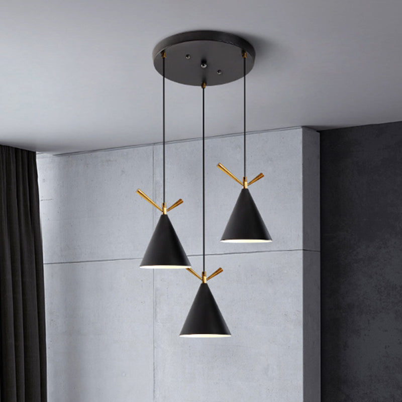 Cone Shade Cluster Pendant Nordic Metallic 3-Light Black/Black-Grey-White/White Hanging Lamp with Antler Decor and Round/Linear Canopy Clearhalo 'Ceiling Lights' 'Pendant Lights' 'Pendants' Lighting' 1911367