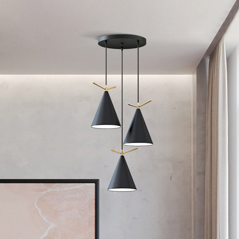 Cone Shade Cluster Pendant Nordic Metallic 3-Light Black/Black-Grey-White/White Hanging Lamp with Antler Decor and Round/Linear Canopy Clearhalo 'Ceiling Lights' 'Pendant Lights' 'Pendants' Lighting' 1911368