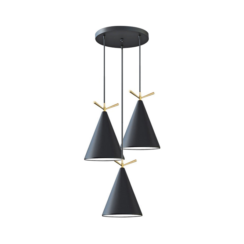 Cone Shade Cluster Pendant Nordic Metallic 3-Light Black/Black-Grey-White/White Hanging Lamp with Antler Decor and Round/Linear Canopy Clearhalo 'Ceiling Lights' 'Pendant Lights' 'Pendants' Lighting' 1911369