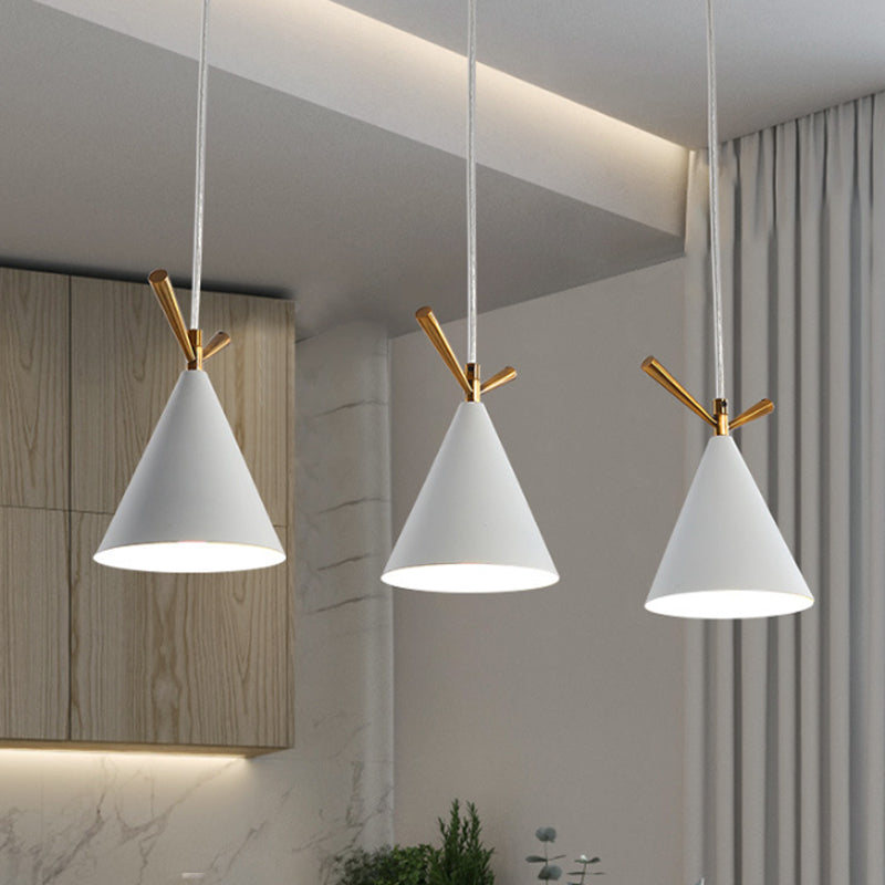 Cone Shade Cluster Pendant Nordic Metallic 3-Light Black/Black-Grey-White/White Hanging Lamp with Antler Decor and Round/Linear Canopy Clearhalo 'Ceiling Lights' 'Pendant Lights' 'Pendants' Lighting' 1911371