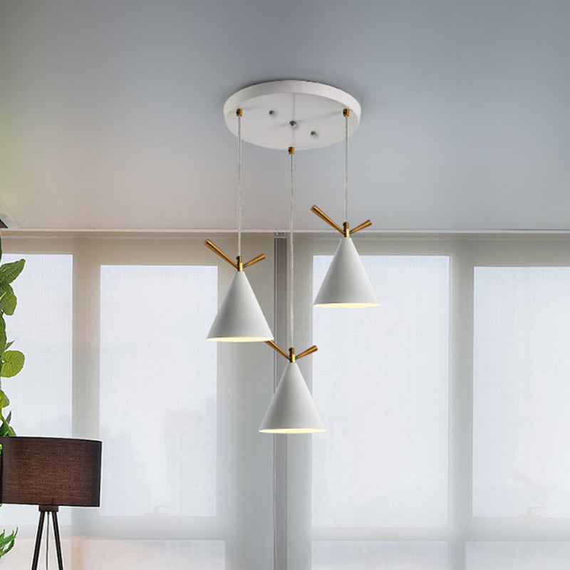 Cone Shade Cluster Pendant Nordic Metallic 3-Light Black/Black-Grey-White/White Hanging Lamp with Antler Decor and Round/Linear Canopy White Round Clearhalo 'Ceiling Lights' 'Pendant Lights' 'Pendants' Lighting' 1911376_242aaca3-4a1a-41db-9dec-f0c400873ccb