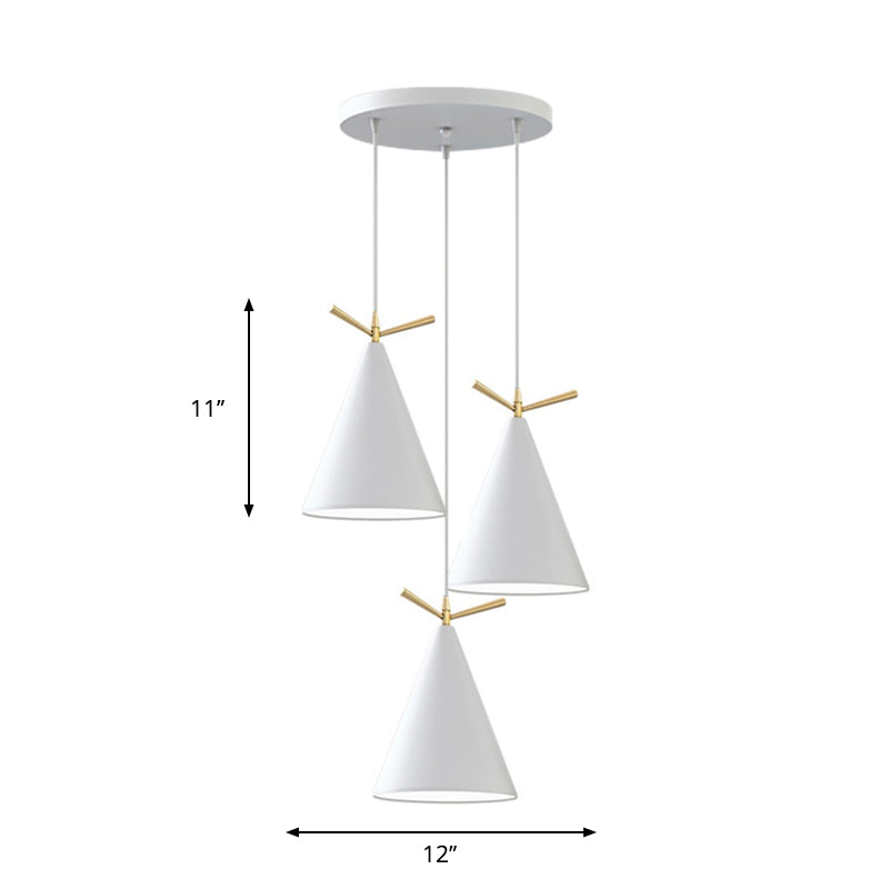 Cone Shade Cluster Pendant Nordic Metallic 3-Light Black/Black-Grey-White/White Hanging Lamp with Antler Decor and Round/Linear Canopy Clearhalo 'Ceiling Lights' 'Pendant Lights' 'Pendants' Lighting' 1911378