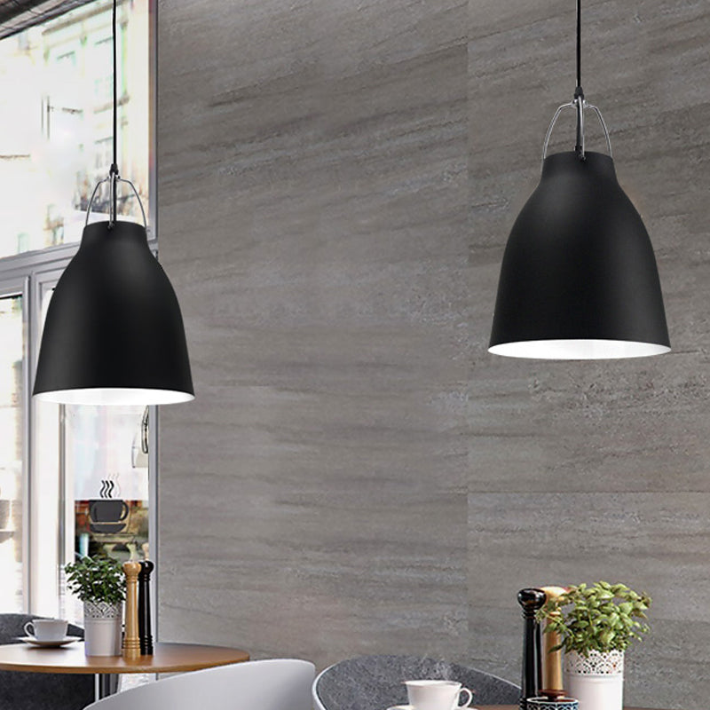 1-Bulb Restaurant Ceiling Hang Light Macaron Black/Pink/Blue Pendant Light with Bell Aluminum Shade Black Clearhalo 'Ceiling Lights' 'Pendant Lights' 'Pendants' Lighting' 1911379_e66c0faf-6578-4d03-9dbf-a419057a66a9