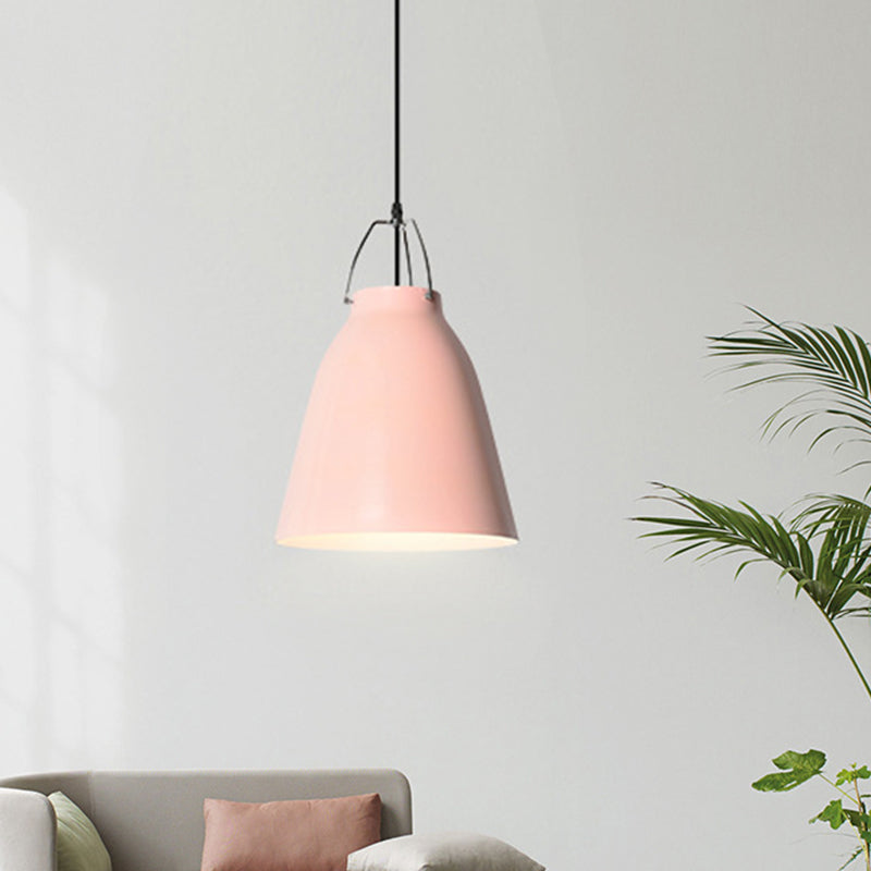 1-Bulb Restaurant Ceiling Hang Light Macaron Black/Pink/Blue Pendant Light with Bell Aluminum Shade Clearhalo 'Ceiling Lights' 'Pendant Lights' 'Pendants' Lighting' 1911388