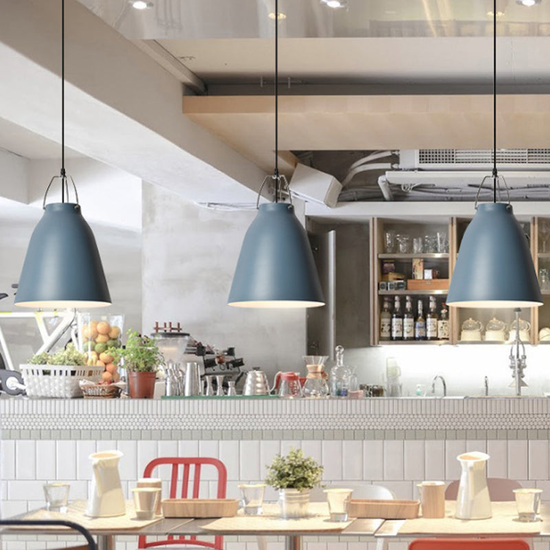 1-Bulb Restaurant Ceiling Hang Light Macaron Black/Pink/Blue Pendant Light with Bell Aluminum Shade Clearhalo 'Ceiling Lights' 'Pendant Lights' 'Pendants' Lighting' 1911390