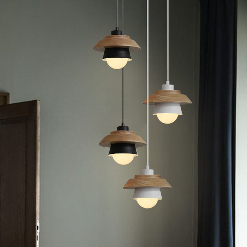 2-Shade Iron Hanging Lamp Kit Macaron Single Pink/Grey/Green and Wood Pendant Lighting Fixture Clearhalo 'Ceiling Lights' 'Pendant Lights' 'Pendants' Lighting' 1911395