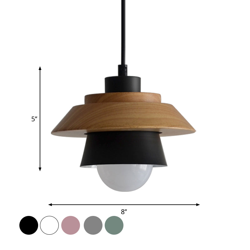 2-Shade Iron Hanging Lamp Kit Macaron Single Pink/Grey/Green and Wood Pendant Lighting Fixture Clearhalo 'Ceiling Lights' 'Pendant Lights' 'Pendants' Lighting' 1911399