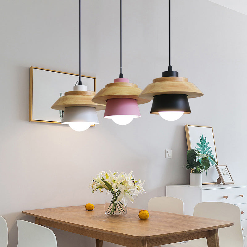 2-Shade Iron Hanging Lamp Kit Macaron Single Pink/Grey/Green and Wood Pendant Lighting Fixture Clearhalo 'Ceiling Lights' 'Pendant Lights' 'Pendants' Lighting' 1911400