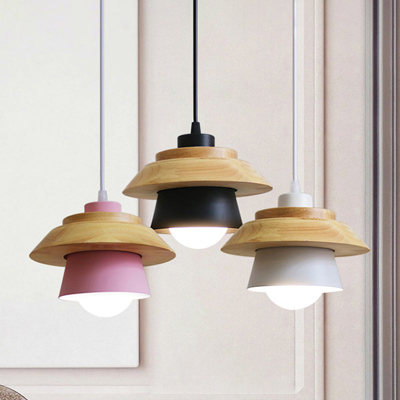 2-Shade Iron Hanging Lamp Kit Macaron Single Pink/Grey/Green and Wood Pendant Lighting Fixture Clearhalo 'Ceiling Lights' 'Pendant Lights' 'Pendants' Lighting' 1911401